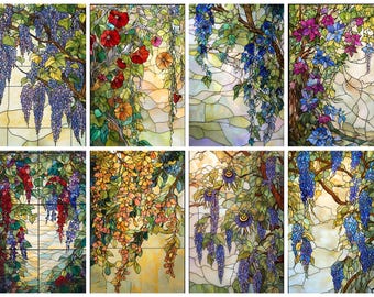 Wisteria Stained Glass Window Cling, Floral Vine Static Window Film, No-Adhesive Privacy Film for Cottage Decor
