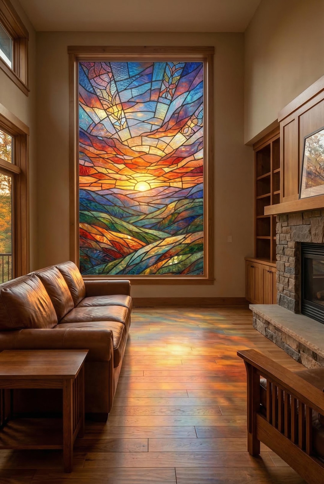 Stained Glass Window Film, Colorful Rolling Hills Privacy Cling ...