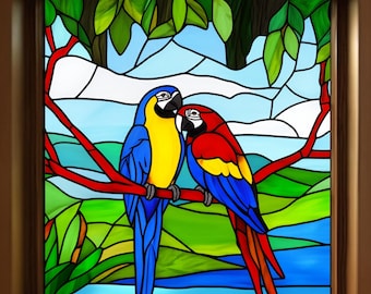 Parrot Stained Glass Window Film Colorful Macaw Bird Privacy Decor