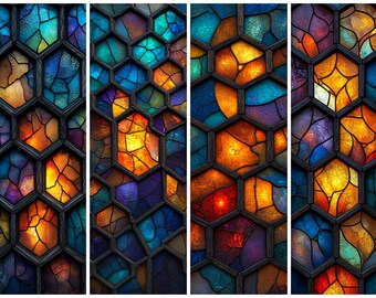 May include: Four vertical panels of stained glass with a honeycomb pattern. The glass is a mix of colors, including blue, orange, yellow, and purple. The panels are framed with dark wood.