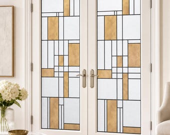 Geometric Rectangle Window Film with Gold Accents, Art Deco Static Cling, Custom Size