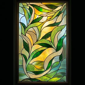 May include: A stained glass window featuring a design of green leaves and branches on a yellow and white background.