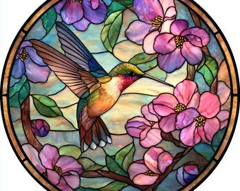 Aangepaste ronde glas-in-loodraam privacyfolie – kolibrie en bloemen ontwerp statisch vastklevend Geen lijm decoratieve deurraam plakt