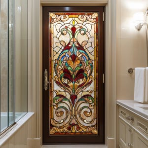 May include: A stained glass door with a colorful floral design in shades of red, green, blue, and gold. The door is framed in dark wood and has a clear glass panel on either side.