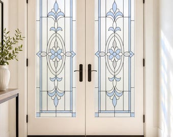 Pale Blue Frosted Static Cling Window Film with Art Nouveau Floral Medallion, Custom Size