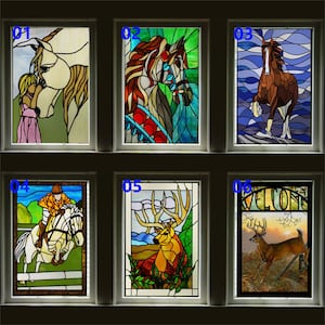 Custom size Stained Glass Window Film Retro Church Painted Horse Deer Frosted Static Cling Art Colored Glass Films Sticker