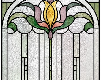 Window Privacy Film, Art Nouveau Lotus Stained Glass Window Film, Frosted Floral Privacy Cling, Custom Size Available