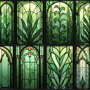 Puede incluir: Ocho paneles de vidrieras con diseños florales verdes y dorados. Los paneles presentan varios motivos de plantas y hojas, con marcos arqueados y geométricos. La paleta de colores incluye tonos de verde, dorado y negro.