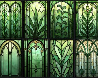 Art Nouveau Stained Glass Window Film Green Floral Static Cling Privacy Decorative Window Sticker for Home/Office Glass