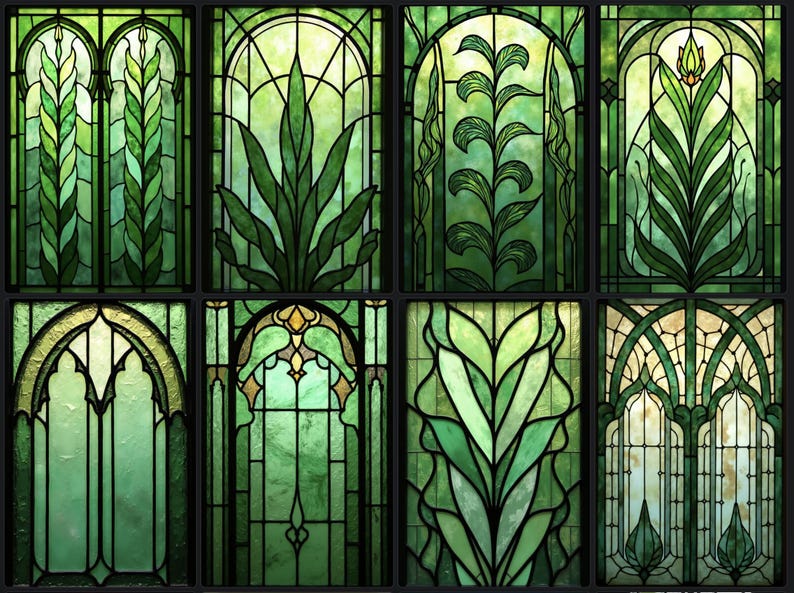 Art Nouveau Stained Glass Window Film Green Floral Static Cling Privacy ...