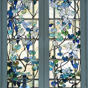 Benutzerdefinierte Größe White Lily Vine Glasmalerei-Fensterfolie, dekorative Sichtschutzfensterfolie, abnehmbarer wiederverwendbarer Fensteraufkleber, Floral Home Decor