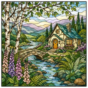 Könnte beinhalten: Eine Illustration im Buntglasstil zeigt ein Häuschen mit grünem Dach, eine Steinbrücke über einen Bach und hohe Birken. Die Szene umfasst violette und pfirsichfarbene Fingerhutblumen im Vordergrund und hügelige Berge in der Ferne.