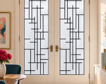 Black Geometric Rectangle Grid Window Film, Art Deco Frosted Look, Custom Size Available