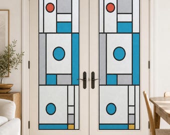 Add Privacy with Teal Art Deco Geometric Window Film, Custom Size Available