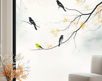 Elegant Decorative Bird Window Film – Minimalist Frosted Glass Privacy Cling, Nature Tree Design for Home Windows