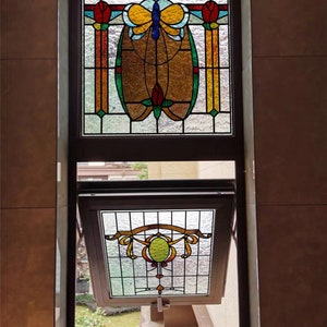 Static Cling Window Privacy Film - Green Stained Glass Decal, 90x58cm, No Glue Needed