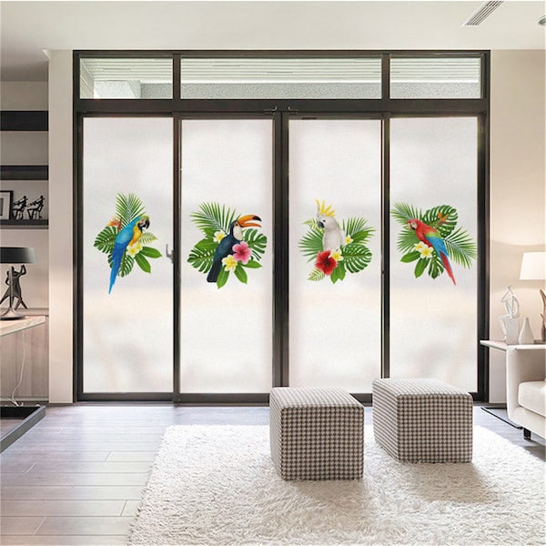 Customized Privacy Windows Film Decorative Parrot Macaw Stained Glass Window Stickers No Glue Static Cling Frosted Window Cling Window Tint