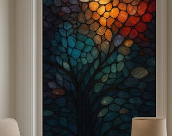 Custom Nature Stained Glass Window Film Set – Forest, Sunset, Lake & Leaf Designs, Colorful Privacy Cling for Home, Door Art Spaces