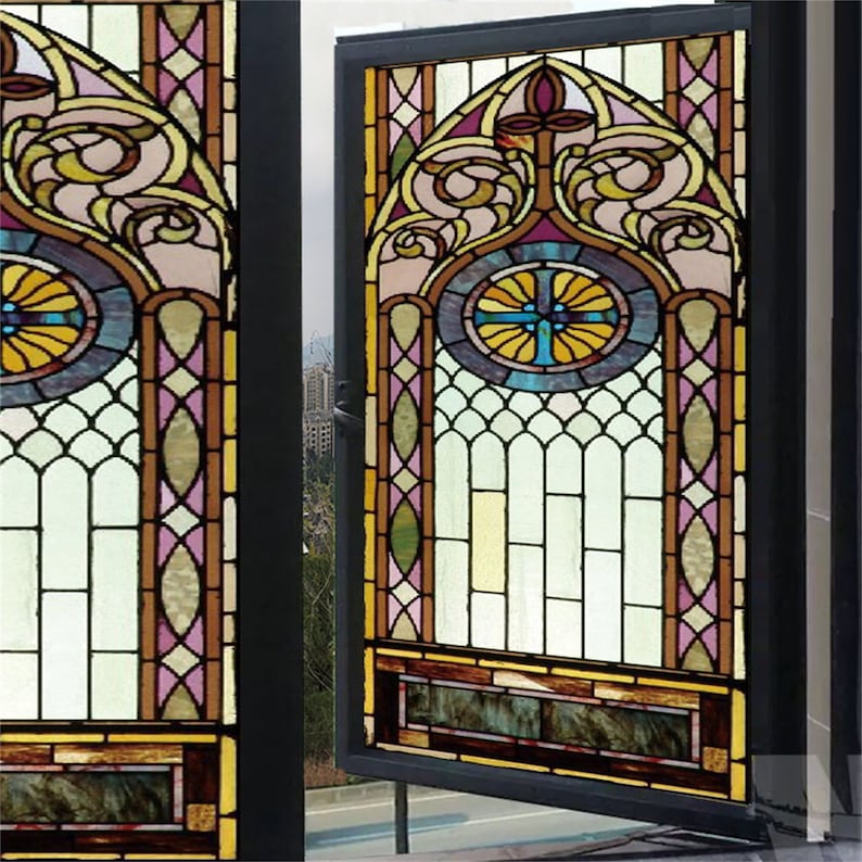 Window Film Glass Films Frosted Stained Fake Window with Cross Church Style Sticker Can Do Custom Size image 3