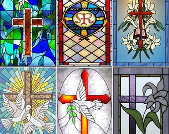 May include: Six stained glass window designs featuring crosses, doves, lilies, and the words "Ave Maria, Gratia Plena".