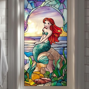 Mermaid Stained Glass Window Sticker – No Glue Translucent Self-Adhesive, Peel and Stick Wrap for Doors and Windows