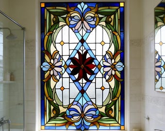 Vintage Stained Glass Window Hanging - Handcrafted Floral Motif for Bathroom Windows