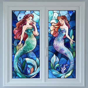 Stained Glass Mermaid Decal – Translucent Peel and Stick Window and Door Cover, Self-Adhesive, Removable
