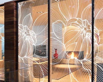 Custom size Glass Films, Privacy Static Cling, Peony Flower Sticker,Office Home Decor, fit any Window Size