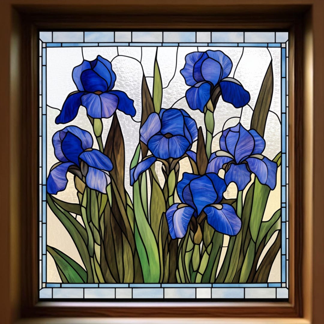 Stained Glass Window Film Blue Iris Floral Design Window Privacy Film ...