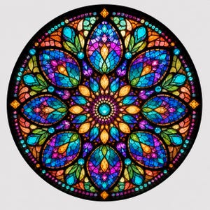 May include: A circular stained glass window panel featuring a symmetrical mandala pattern. The design consists of intricate petal-shaped segments in vibrant shades of blue, purple, orange, green, and yellow, all outlined in dark leaded lines.