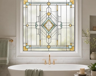 Window Privacy Film, Stained Glass Window Film, Custom Size Available, Red Art Deco Geometric Static Cling for Bathroom