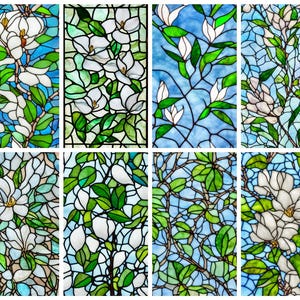 Custom Stained Glass Window Film - Magnolia and Green Leaf Design, Privacy Decorative Static Cling