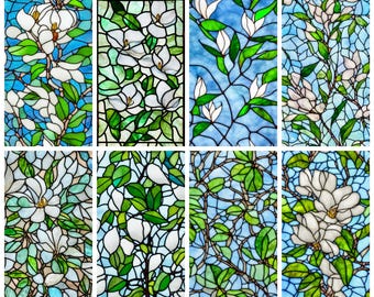 Película para vitrales personalizada: diseño de magnolia y hojas verdes, estática y decorativa para privacidad