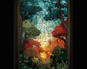 Forest Sunset Stained Glass Window Film – Custom Nature Landscape Window Privacy Cling, Vibrant Tree Design Decorative Window Covering