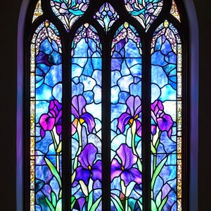May include: A stained glass window with a blue background and purple iris flowers. The window is divided into four sections with black metal frames.