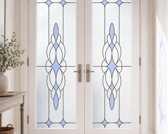Frosted White and Pale Blue Static Cling Window Film, Art Deco Geometric Medallion, Custom Size