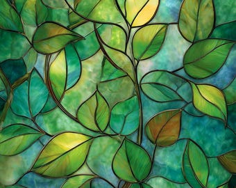 Leaf Vine Stained Glass Window Film – Custom Green Privacy Decorative Cling for Doors, Windows, Bathroom, Kitchen, Living Room