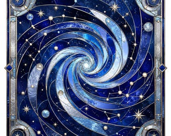 Window Privacy Film, Celestial Blue Spiral Stained Glass Window Film, Art Deco Galaxy Window Cling, Custom Size Available