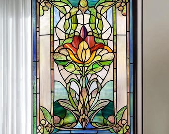 Stained Glass Floral Window Film: Vibrant Privacy Decor with Art Nouveau Elegance