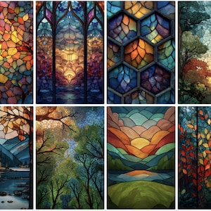 Könnte beinhalten: Eine Sammlung von acht Glasmalereien. Jedes Stück zeigt eine einzigartige Naturszene, darunter Landschaften, Bäume und abstrakte Muster. Die Farbpaletten variieren mit warmen Orange-, Blau- und Grüntönen.