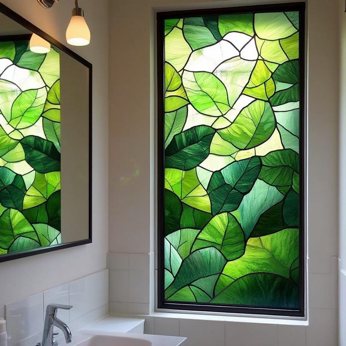 Paper Leaf Window Green Leaf Stained Glass Window Film – Custom Privacy Decorative Cling ...