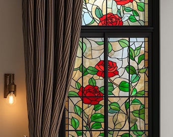Romantic Vintage Rose Window Privacy Film – Elegant Floral Stained Glass Design for Home Windows and Doors