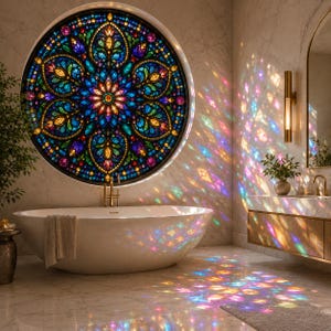 Pellicola per finestre effetto vetrata rotonda con mandala / Mosaico colorato per la privacy / Pellicola decorativa di lusso per vetri, dimensioni personalizzate