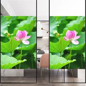 Custom Size Privacy Window Film No-Glue Lotus Flowers Decorative Glass Covering Static Cling Frosted Window Stickers