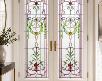 Pink and Green Art Nouveau Floral Static Cling Window Film, Custom Size Available