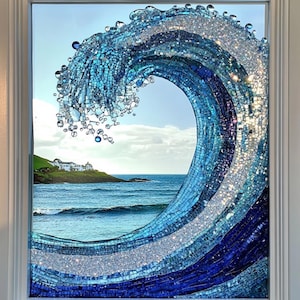 Custom Ocean Wave Stained Glass Window Film Mosaic Style Privacy Decorative Cling Static Non-Adhesive