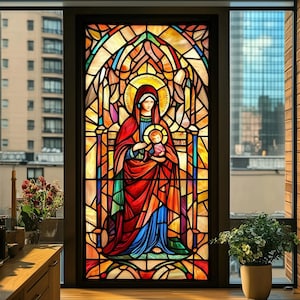 Church Style Stained Glass Window Film – Frosted Privacy Static Cling, Customized Vintage Door Sticker for Home, Office, and Bathroom