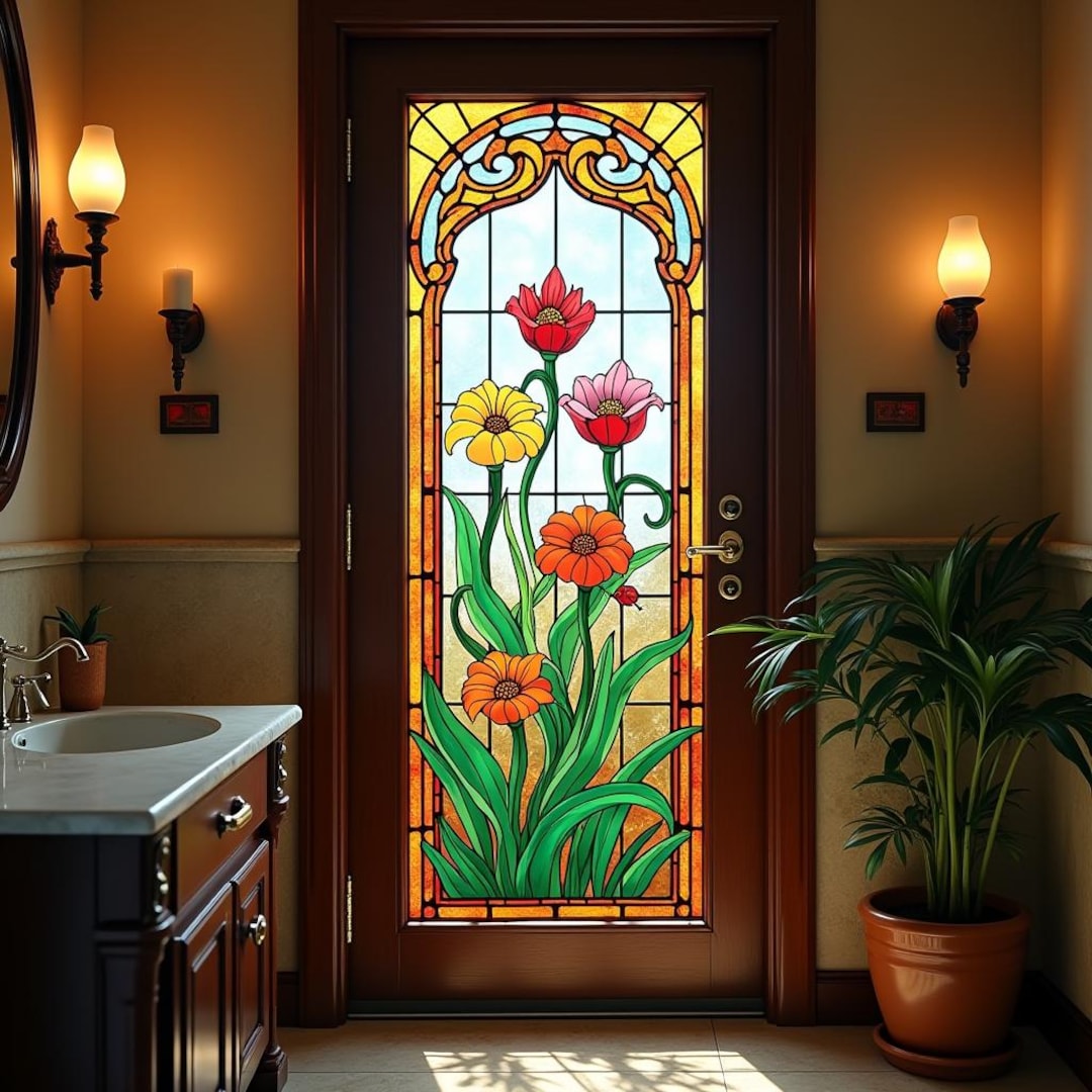 Custom Stained Glass Window Film for Door – Colorful Tulip Floral Arch ...