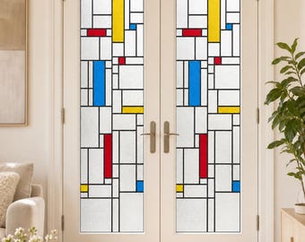 Geometric Rectangle Grid Stained Glass Effect Film for Doors, Custom Size Available