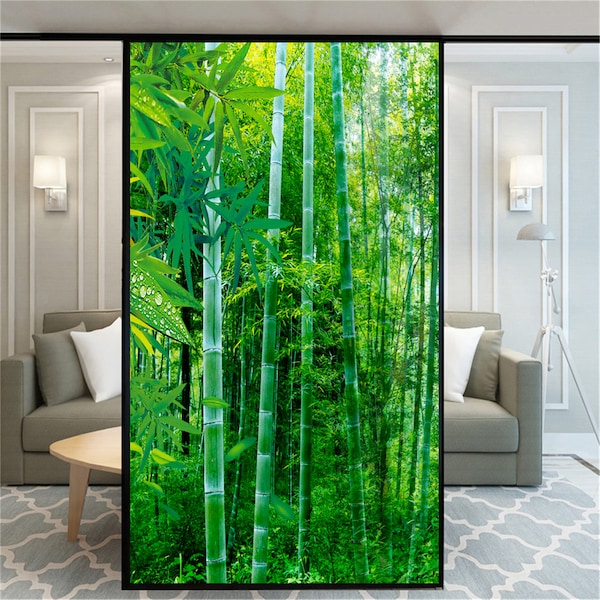 Custom Size Privacy Window Film Green Bamboo Pattern Decorative Glass Covering No-Glue Static Cling Frosted Window Stickers for Home Decor
